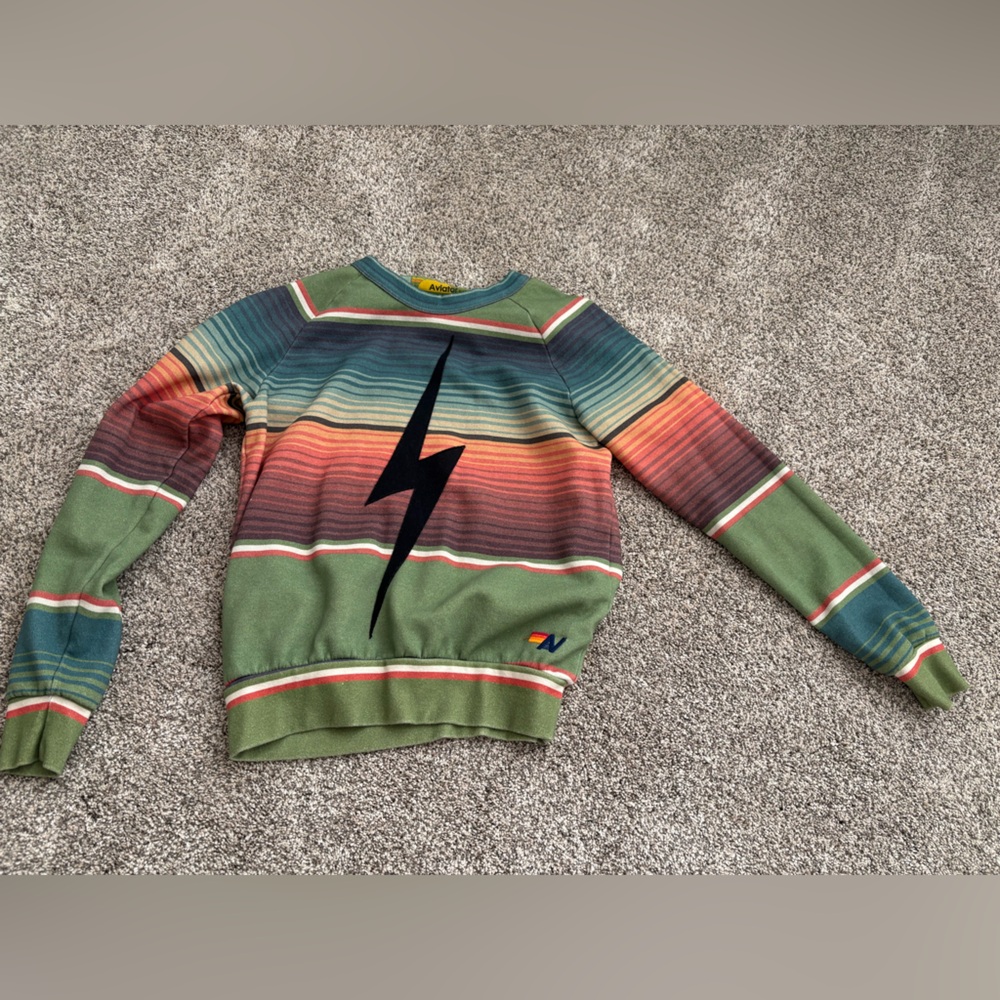 Aviator Nation Kids Green and Multicolor Striped crew neck sweatshirt